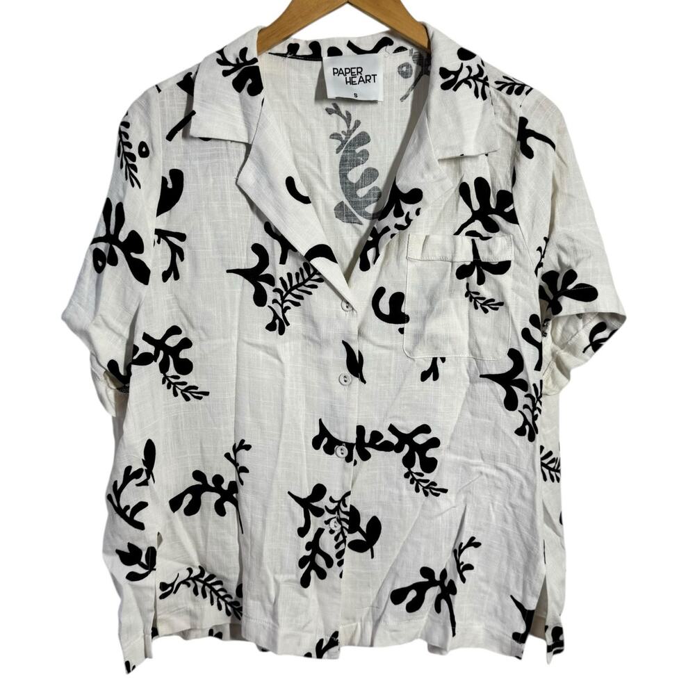 Paper Heart Linen Blend Boho Coastal Top Women S White Button Up Short Sleeve